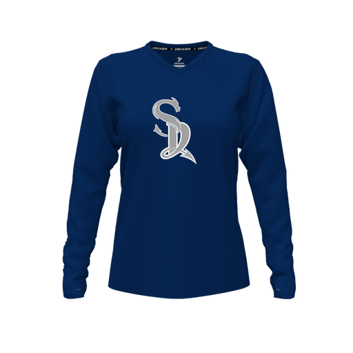 [FTLVCFNV-FYXS-LOGO1] Decker Comfort T-Shirt (Female Youth XS, Navy, V Neck, Logo 1, Long Sleeve)