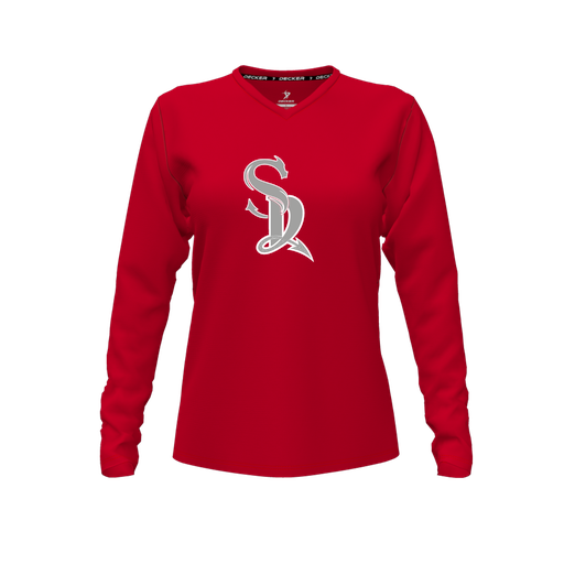 [FTLVCFRD-FYXS-LOGO1] Decker Comfort T-Shirt (Female Youth XS, Red, V Neck, Logo 1, Long Sleeve)