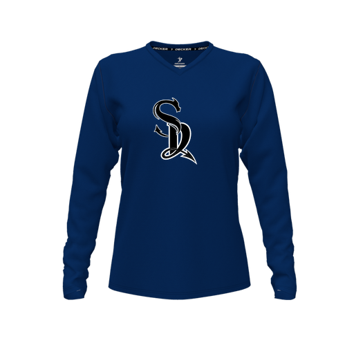 [FTLVPTNV-FYXS-LOGO2] Decker Performance T-Shirt (Female Youth XS, Navy, V Neck, Logo 2, Long Sleeve)